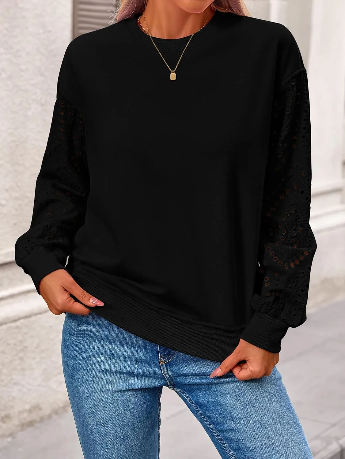 MASCOMODA Fall Fashion 2024 Blouses for Women Dressy Casual Lace Long Sleeve Tops Crewneck Eyelet Knit T Shirts Sweatshirt