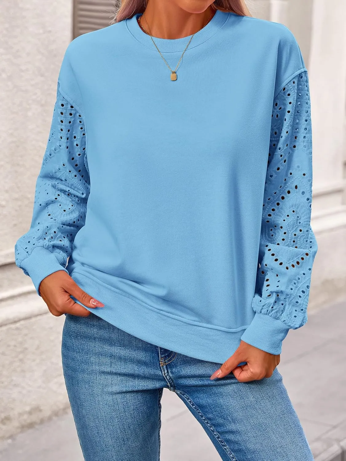MASCOMODA Fall Fashion 2024 Blouses for Women Dressy Casual Lace Long Sleeve Tops Crewneck Eyelet Knit T Shirts Sweatshirt