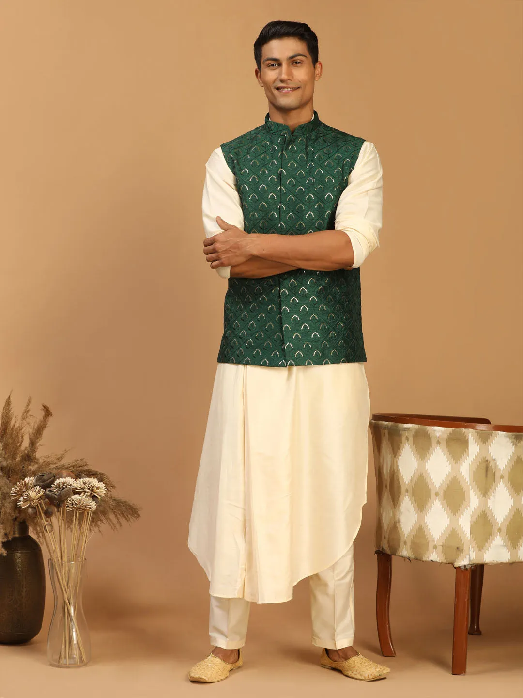 Men's Cream And Green Cotton Blend Jacket, Kurta & Pyjama - Shrestha By Vastramay