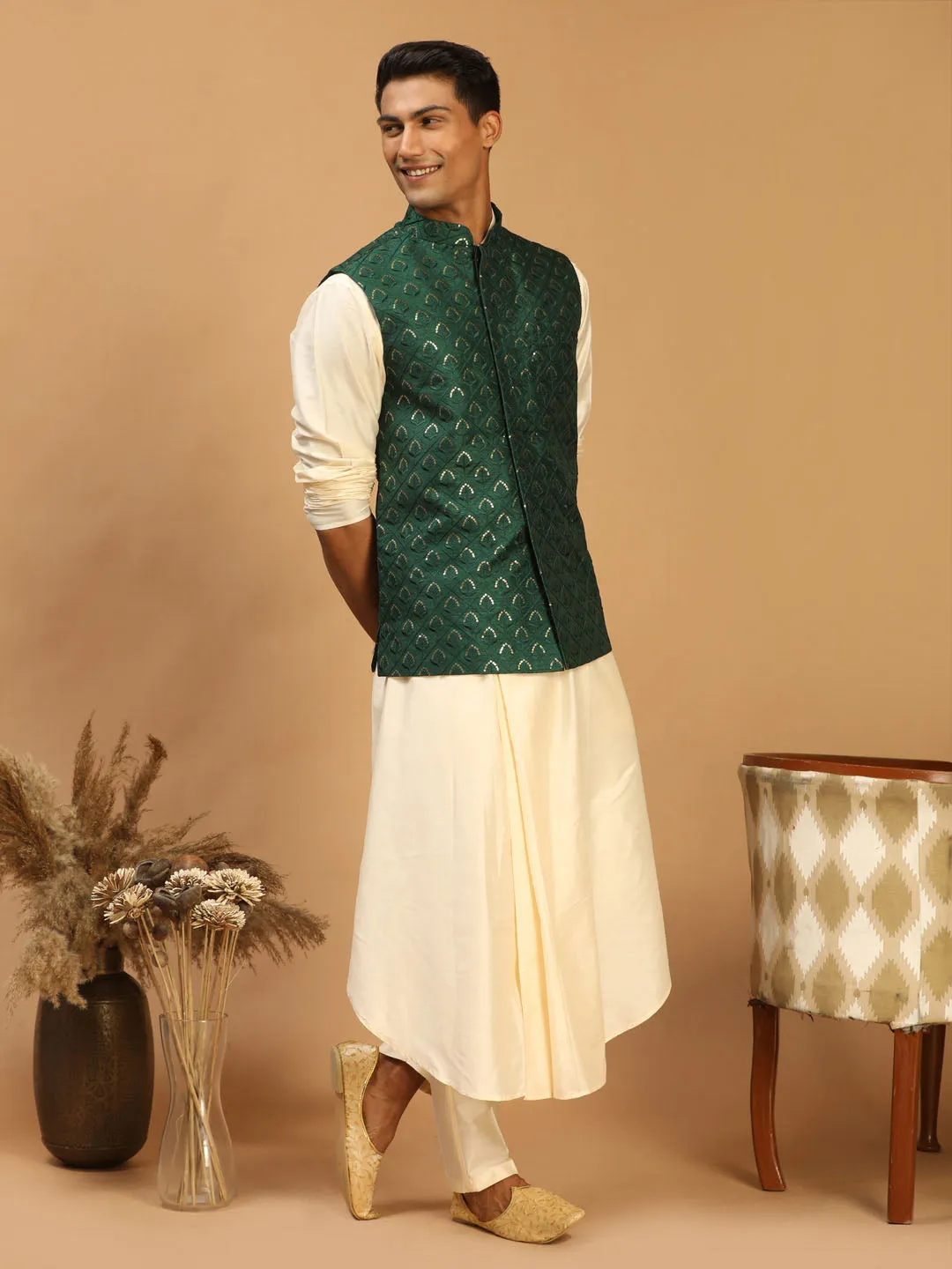 Men's Cream And Green Cotton Blend Jacket, Kurta & Pyjama - Shrestha By Vastramay