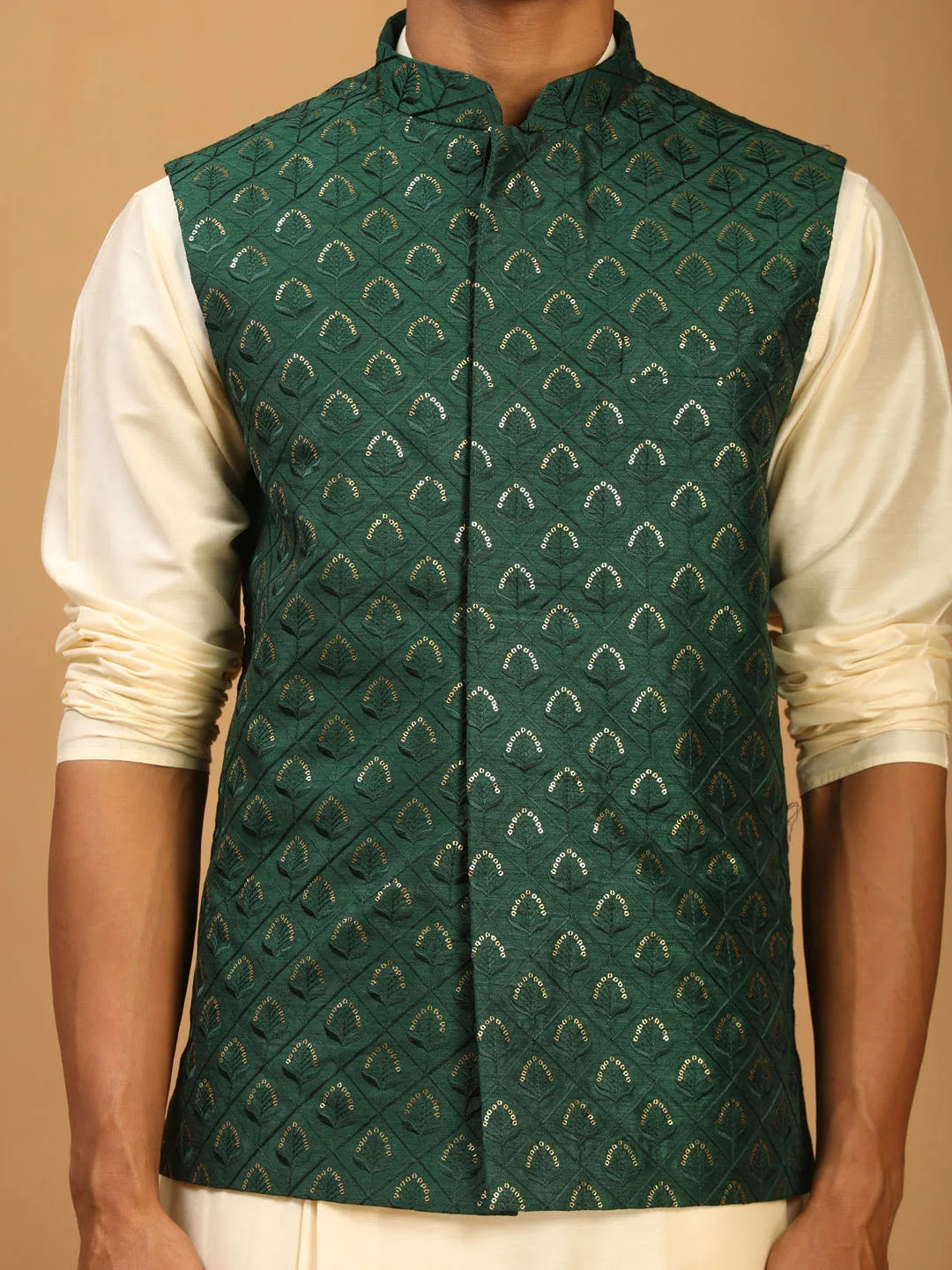 Men's Cream And Green Cotton Blend Jacket, Kurta & Pyjama - Shrestha By Vastramay