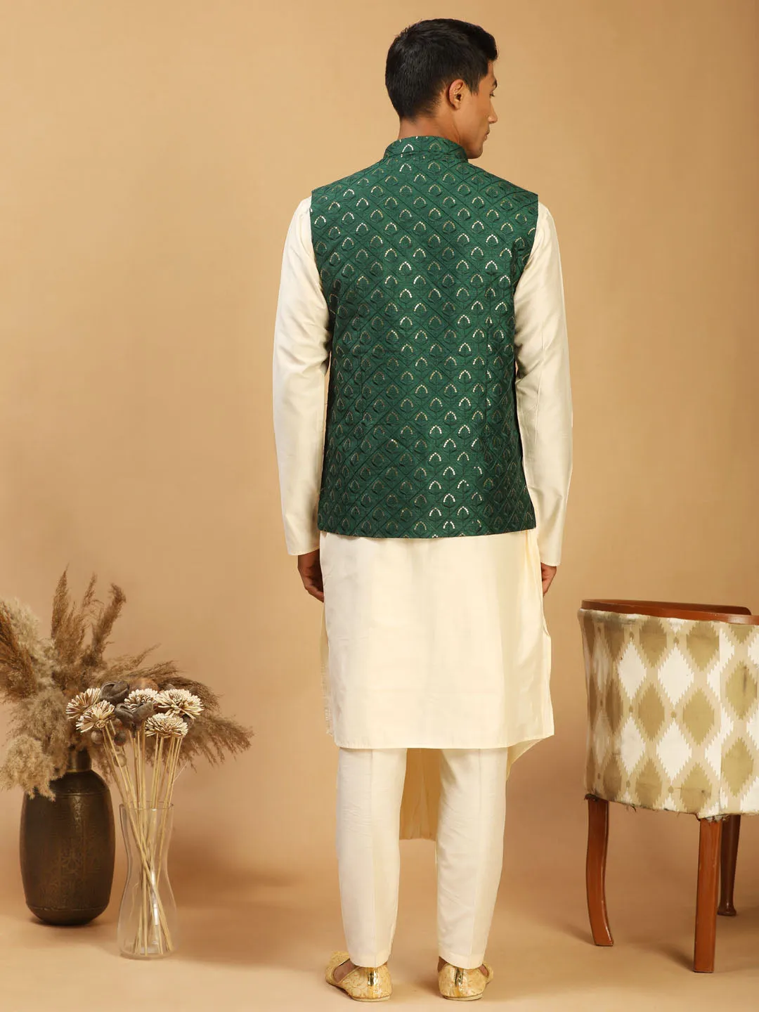Men's Cream And Green Cotton Blend Jacket, Kurta & Pyjama - Shrestha By Vastramay