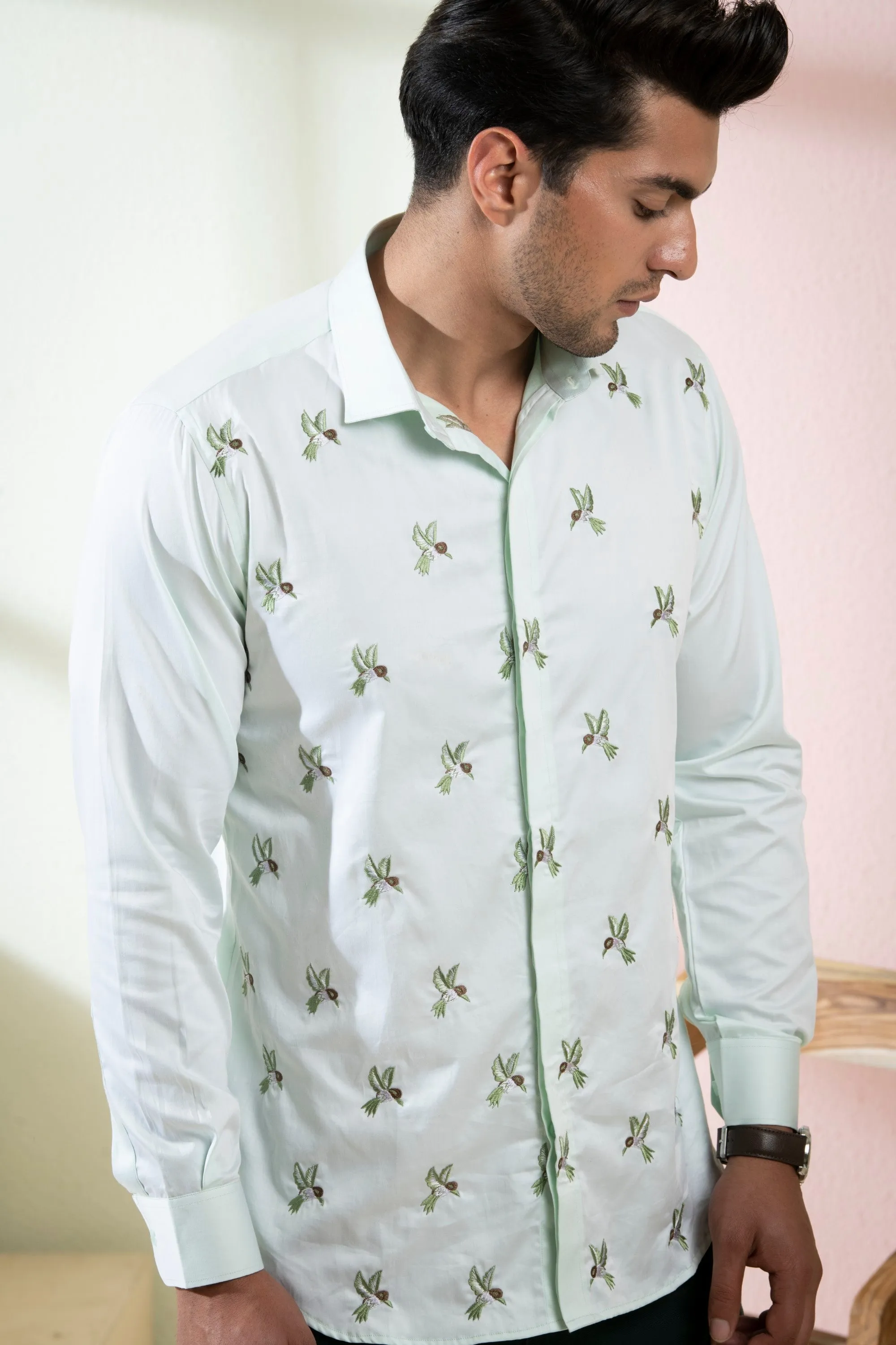 Men's Light Green Color Birdie Full Sleeves Shirt - Hilo Design