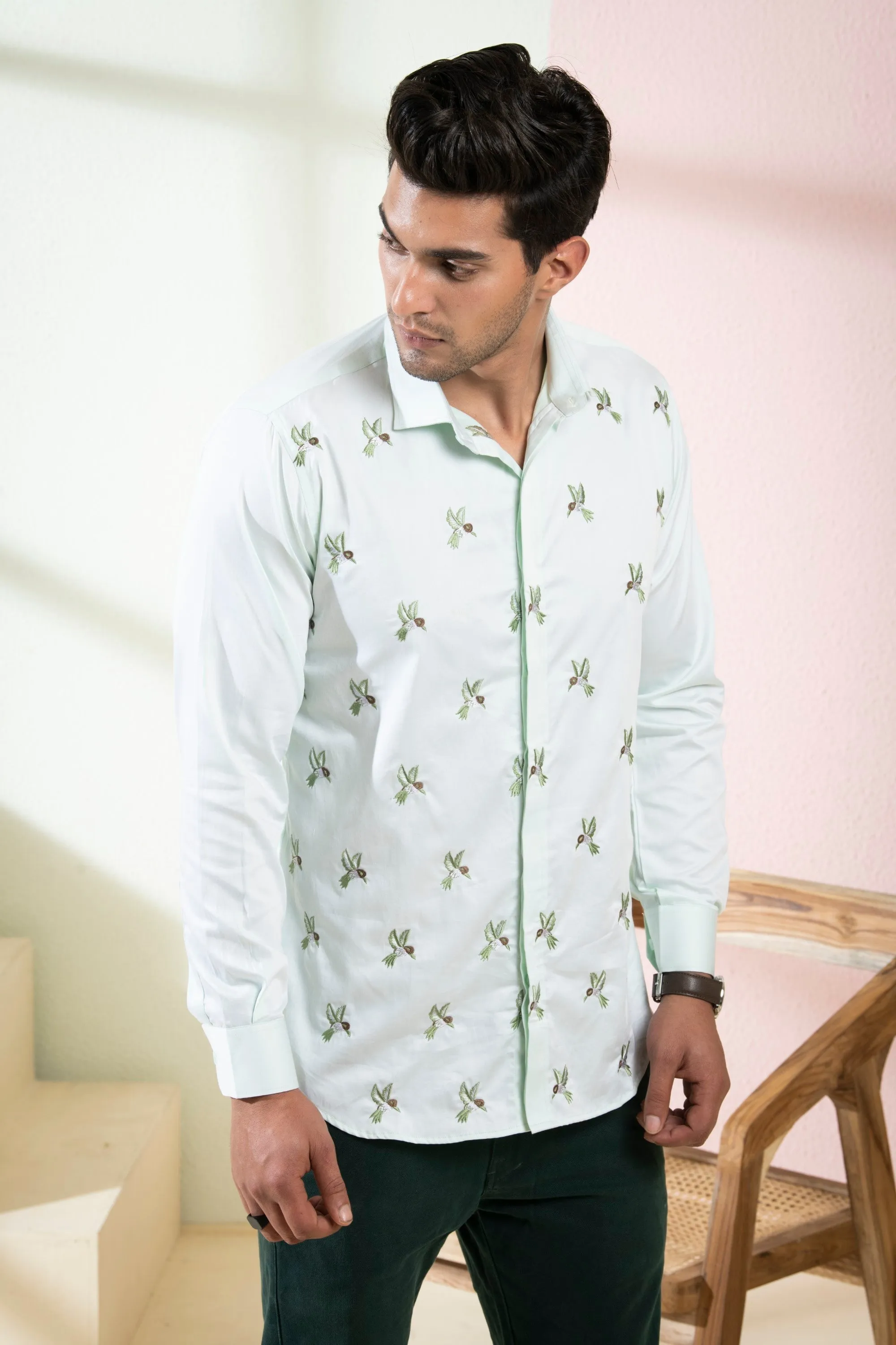 Men's Light Green Color Birdie Full Sleeves Shirt - Hilo Design
