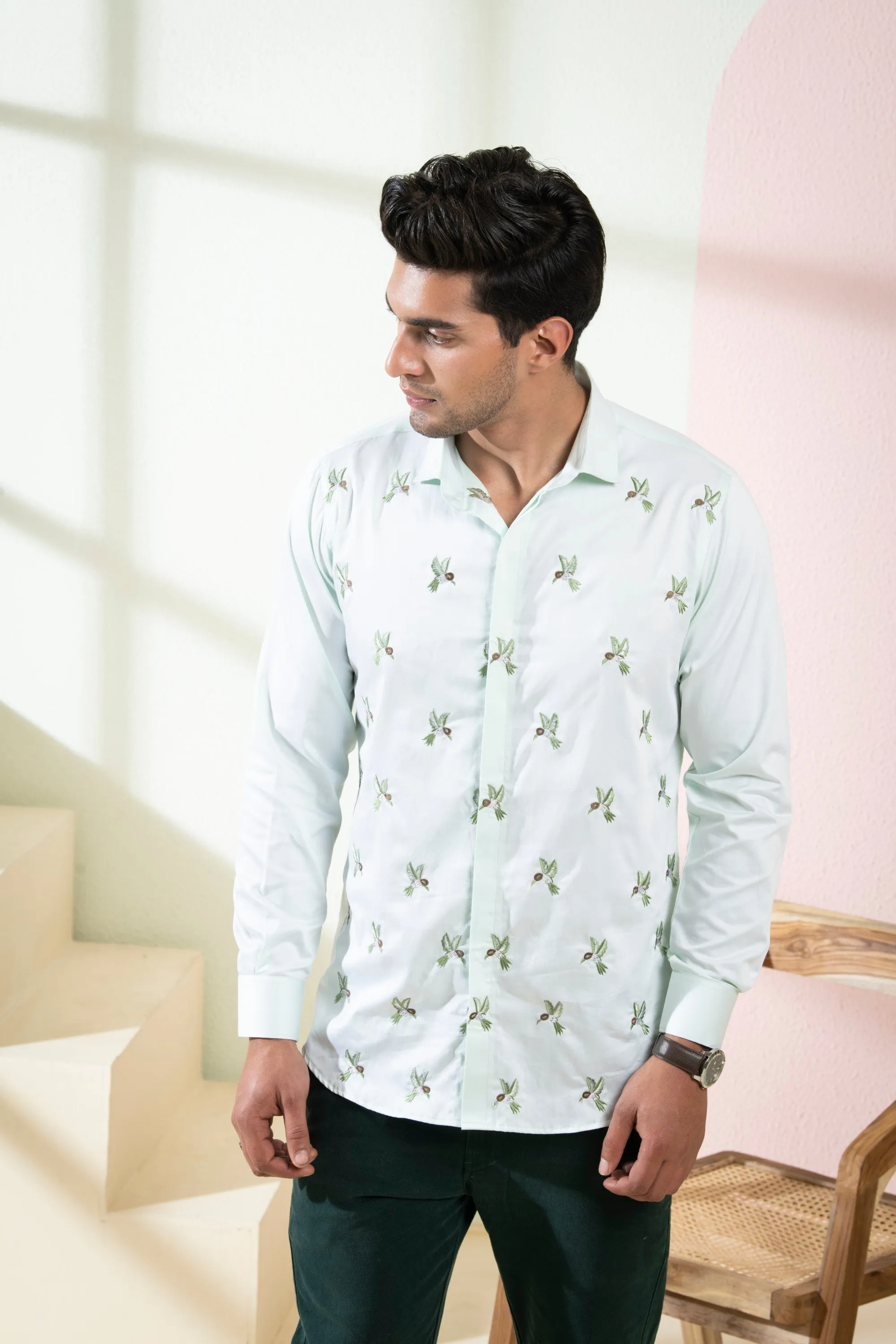 Men's Light Green Color Birdie Full Sleeves Shirt - Hilo Design
