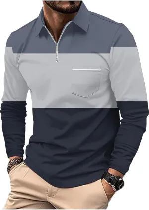 Men's Polo Shirts with Pocket Long Sleeve Casual Collar Pullover Slim Fit Zipper Polo Shirts Business Dress Shirts