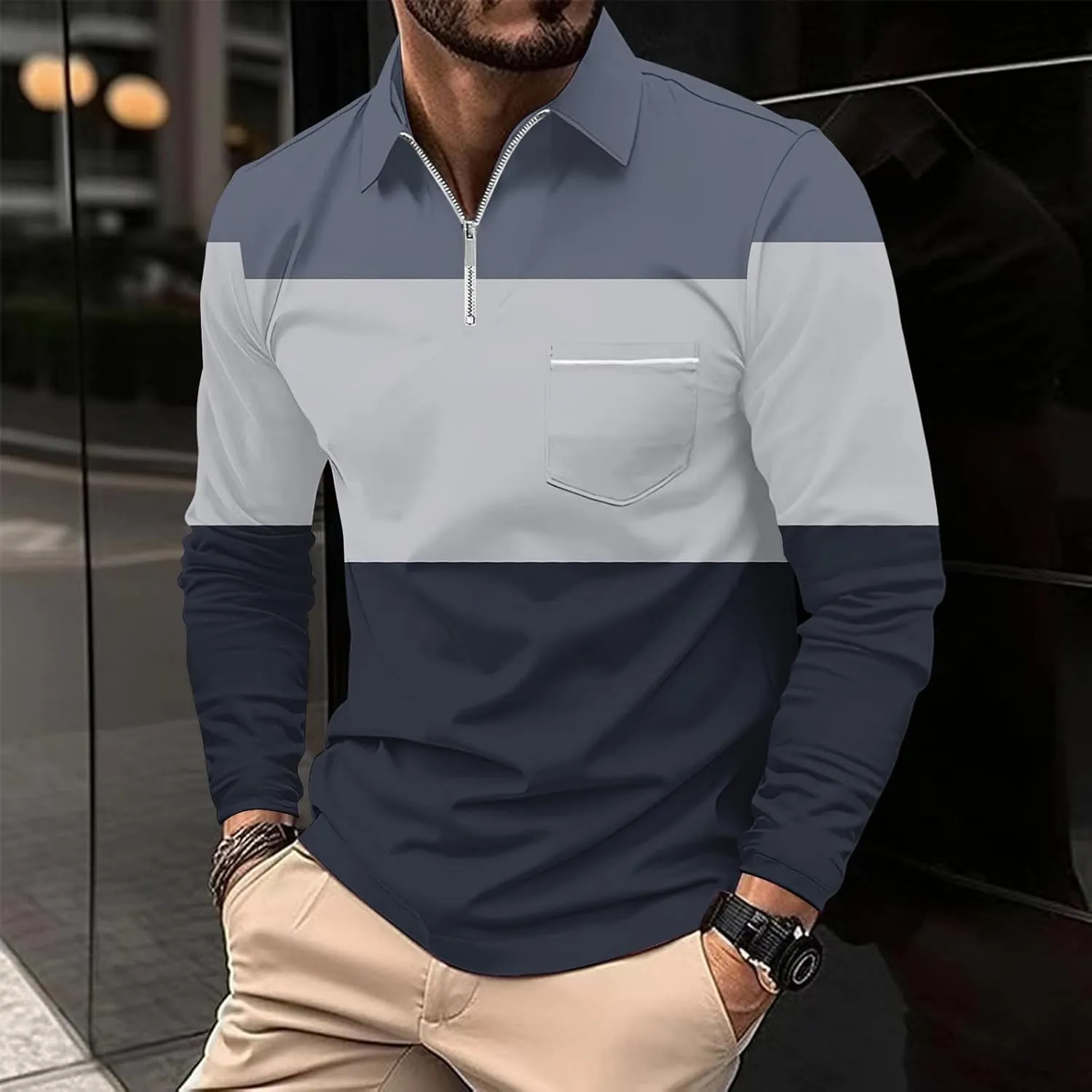 Men's Polo Shirts with Pocket Long Sleeve Casual Collar Pullover Slim Fit Zipper Polo Shirts Business Dress Shirts