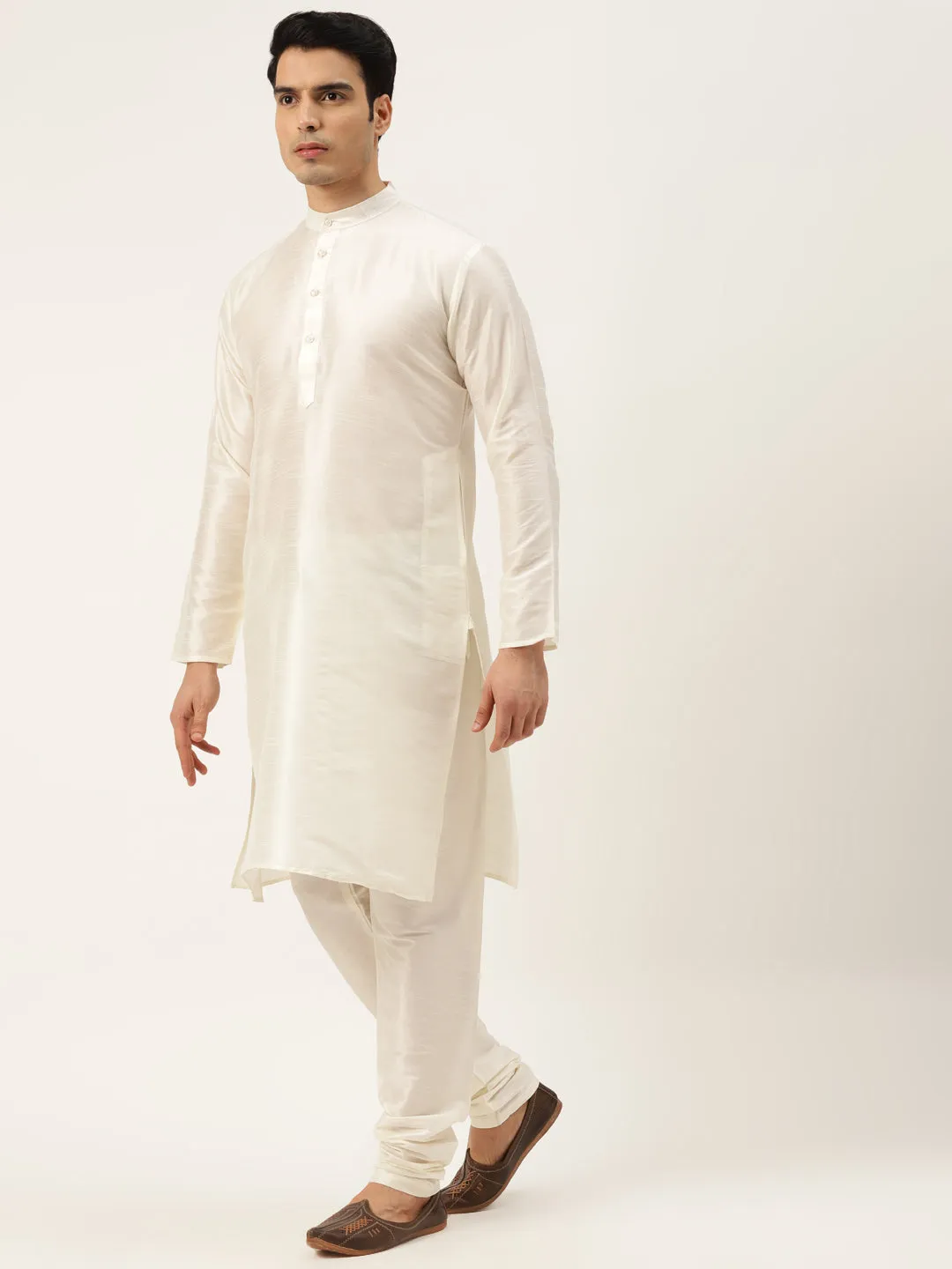 Men's Silk Blend Off White Kurta Pyjama & Dark Gold Nehrujacket Combo - Sojanya