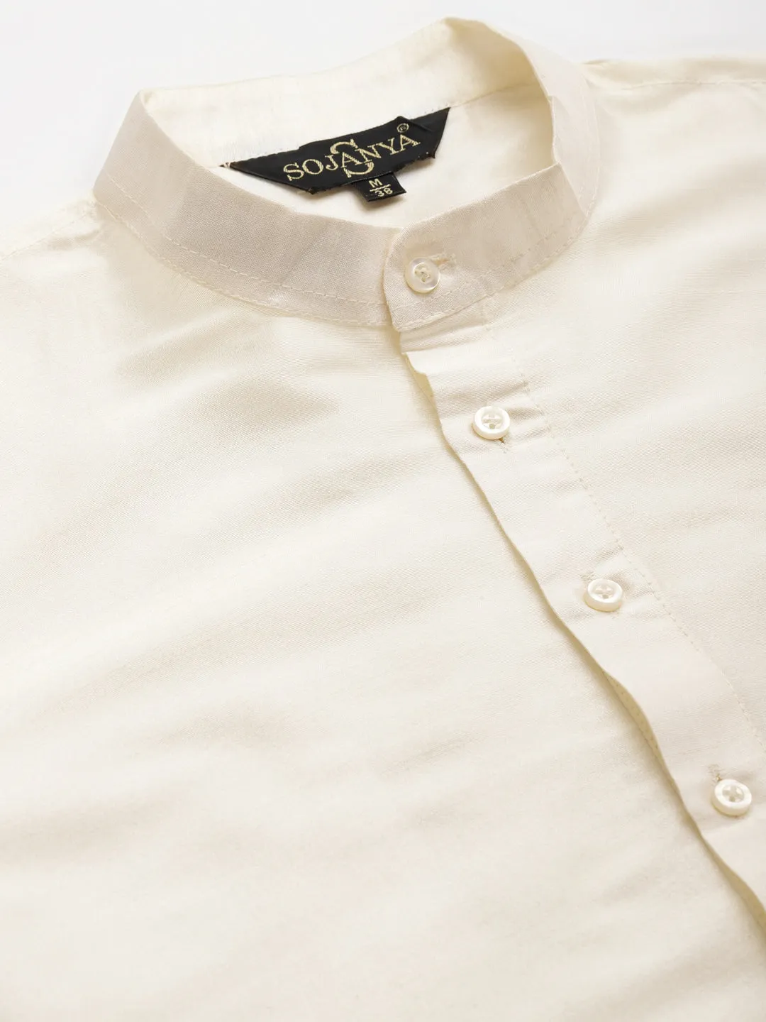 Men's Silk Blend Off White Kurta Pyjama & Dark Gold Nehrujacket Combo - Sojanya