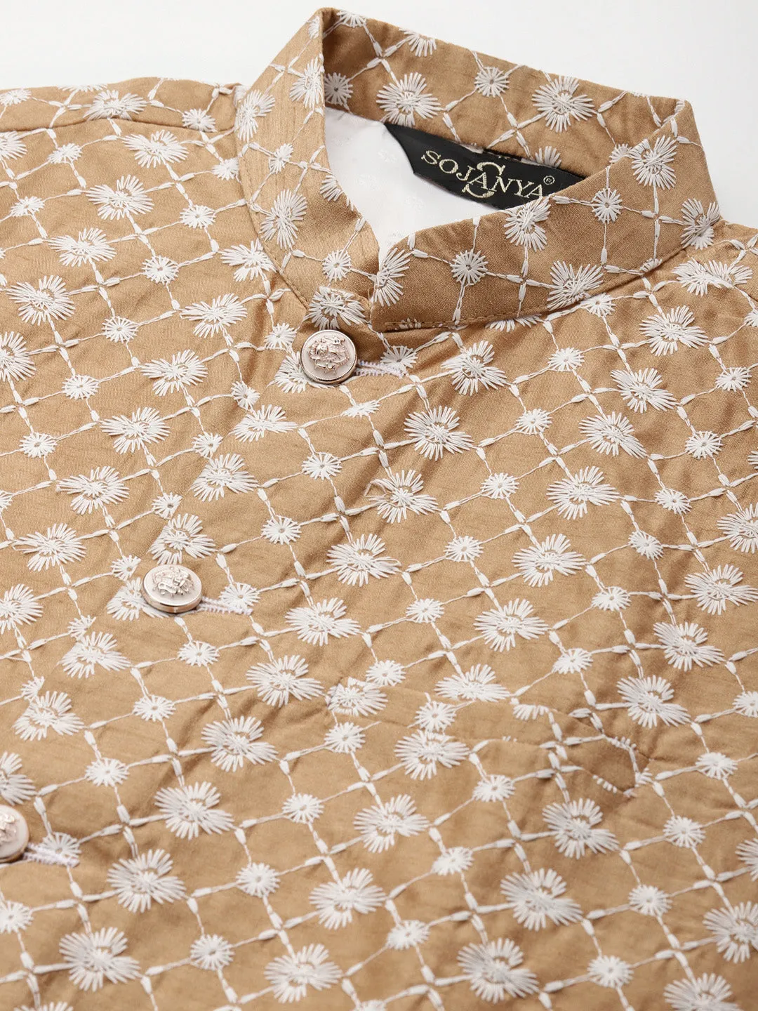 Men's Silk Blend Off White Kurta Pyjama & Dark Gold Nehrujacket Combo - Sojanya
