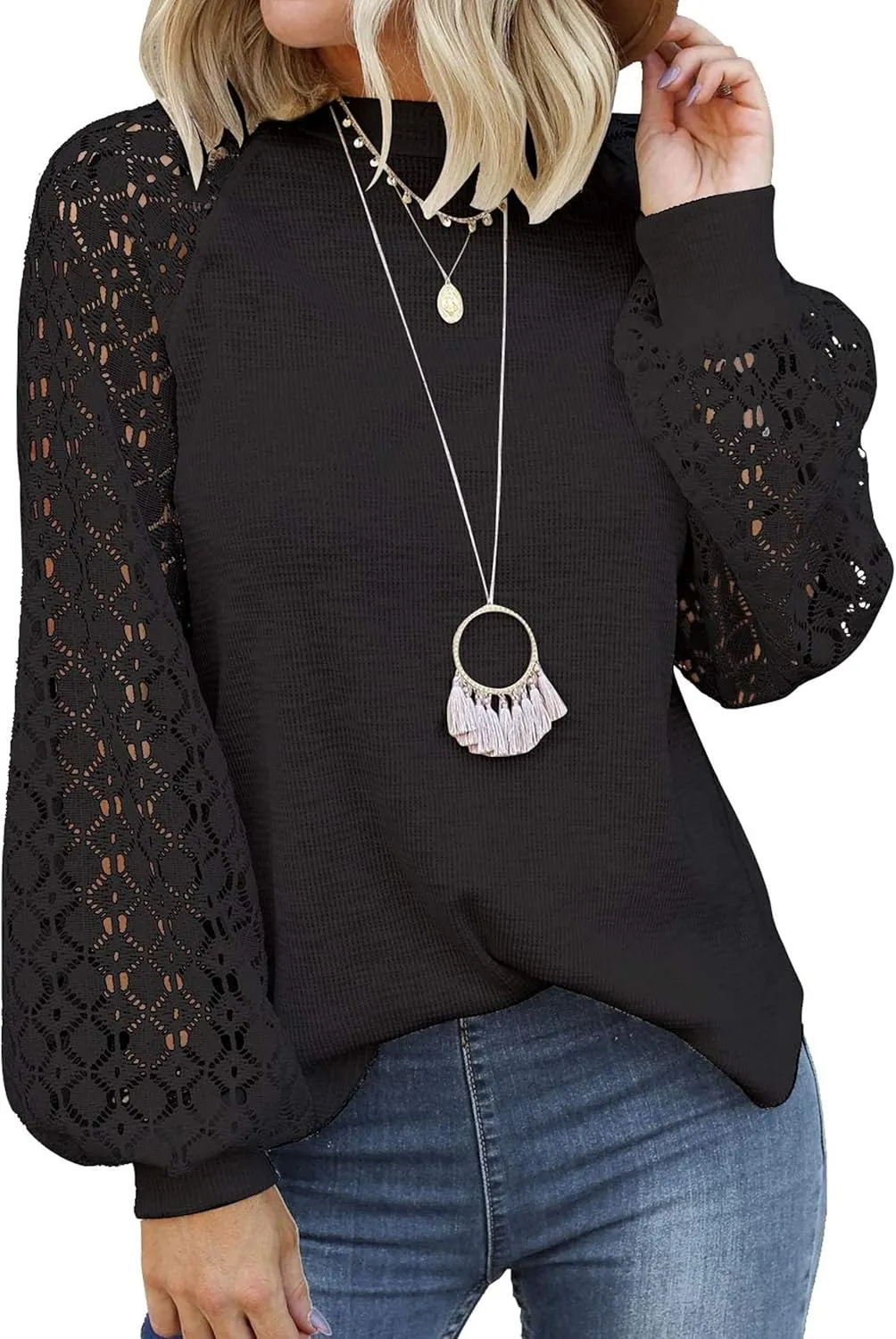MIHOLL Womens Long Sleeve Tops Lace Casual Loose Blouses T Shirts