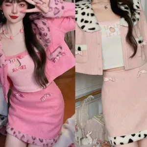 Pretty Leopard      Cardigan Top with Optional Skirt Set Kawaii Academia Y2K Cottagecore Coquette Fairycore Dollette Princesscore Bottoms