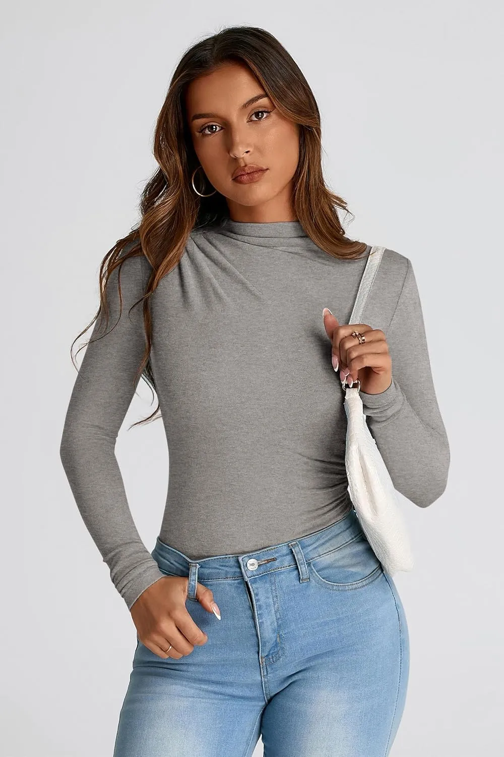 PRETTYGARDEN Womens Fall Y2K Going Out Crop Tops Long Sleeve Mock Neck Ruched Slim Fitted Basic Trendy Casual T Shirts Blouse