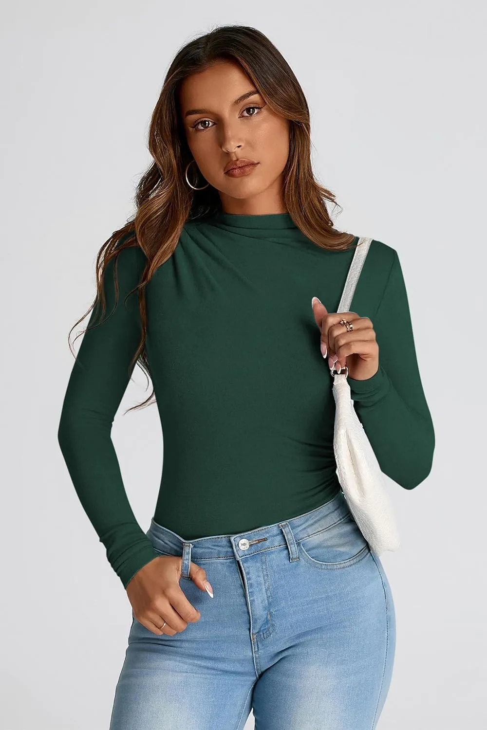 PRETTYGARDEN Womens Fall Y2K Going Out Crop Tops Long Sleeve Mock Neck Ruched Slim Fitted Basic Trendy Casual T Shirts Blouse