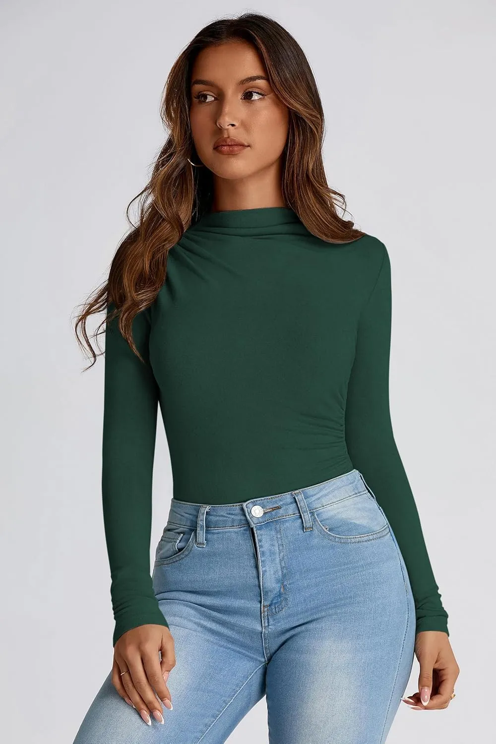 PRETTYGARDEN Womens Fall Y2K Going Out Crop Tops Long Sleeve Mock Neck Ruched Slim Fitted Basic Trendy Casual T Shirts Blouse