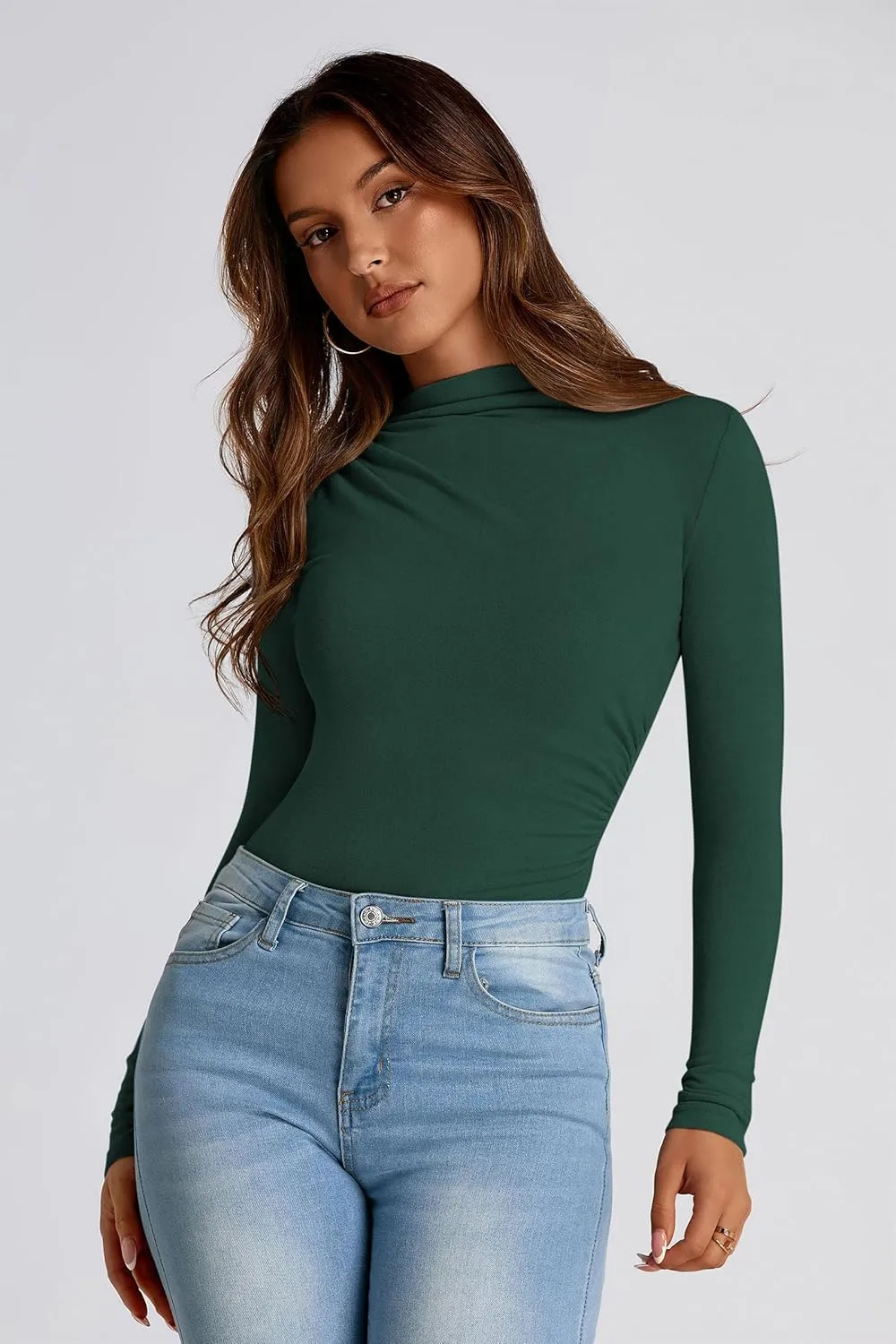 PRETTYGARDEN Womens Fall Y2K Going Out Crop Tops Long Sleeve Mock Neck Ruched Slim Fitted Basic Trendy Casual T Shirts Blouse