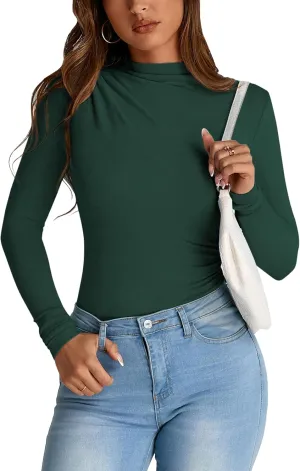 PRETTYGARDEN Womens Fall Y2K Going Out Crop Tops Long Sleeve Mock Neck Ruched Slim Fitted Basic Trendy Casual T Shirts Blouse