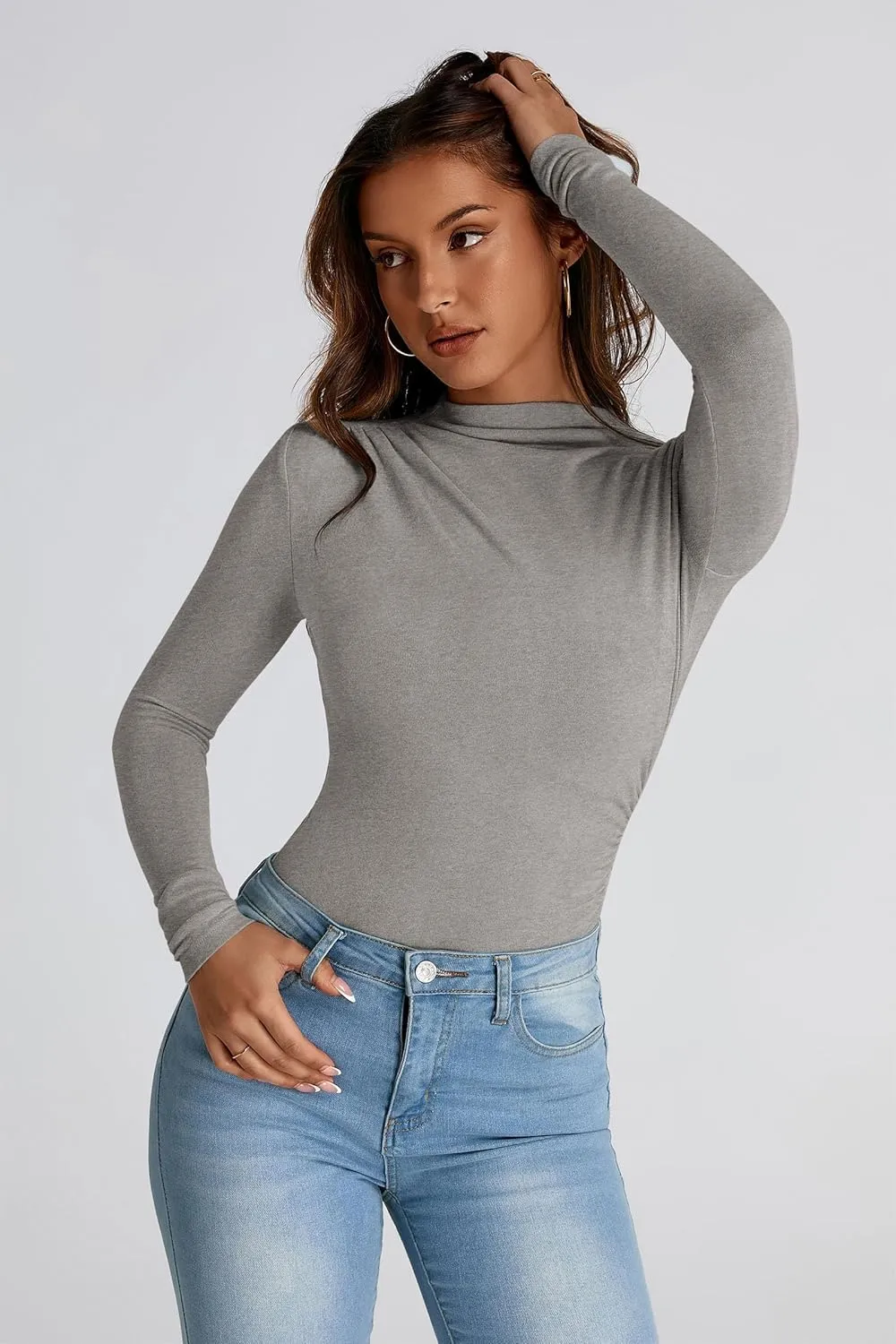 PRETTYGARDEN Womens Fall Y2K Going Out Crop Tops Long Sleeve Mock Neck Ruched Slim Fitted Basic Trendy Casual T Shirts Blouse