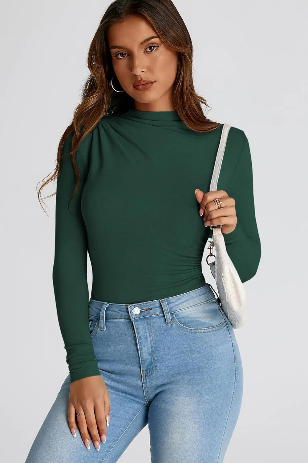 PRETTYGARDEN Womens Fall Y2K Going Out Crop Tops Long Sleeve Mock Neck Ruched Slim Fitted Basic Trendy Casual T Shirts Blouse