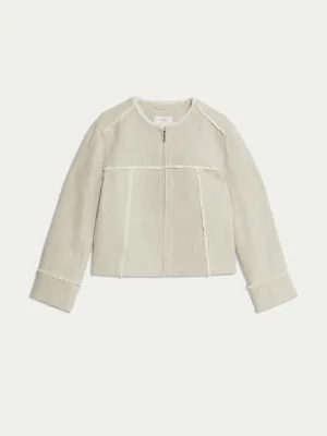 Pure cotton collarless frayed edge jacket