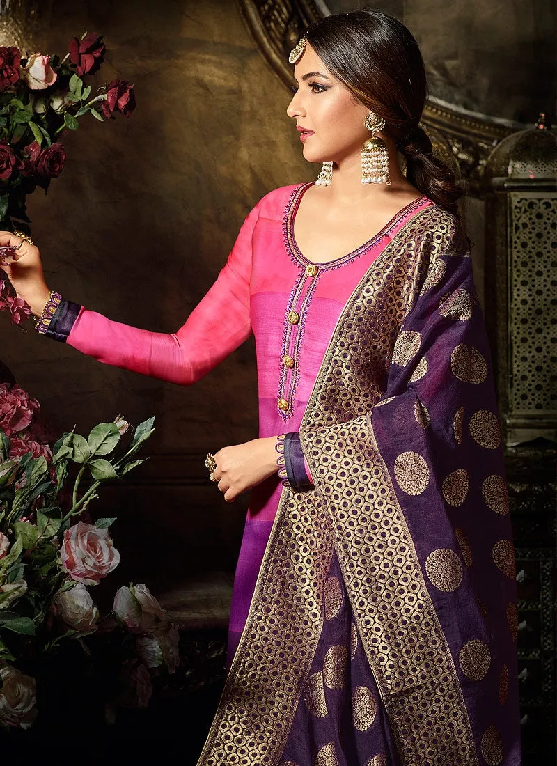 Purple And Pink Shade Embellished Satin Palazzo Suit