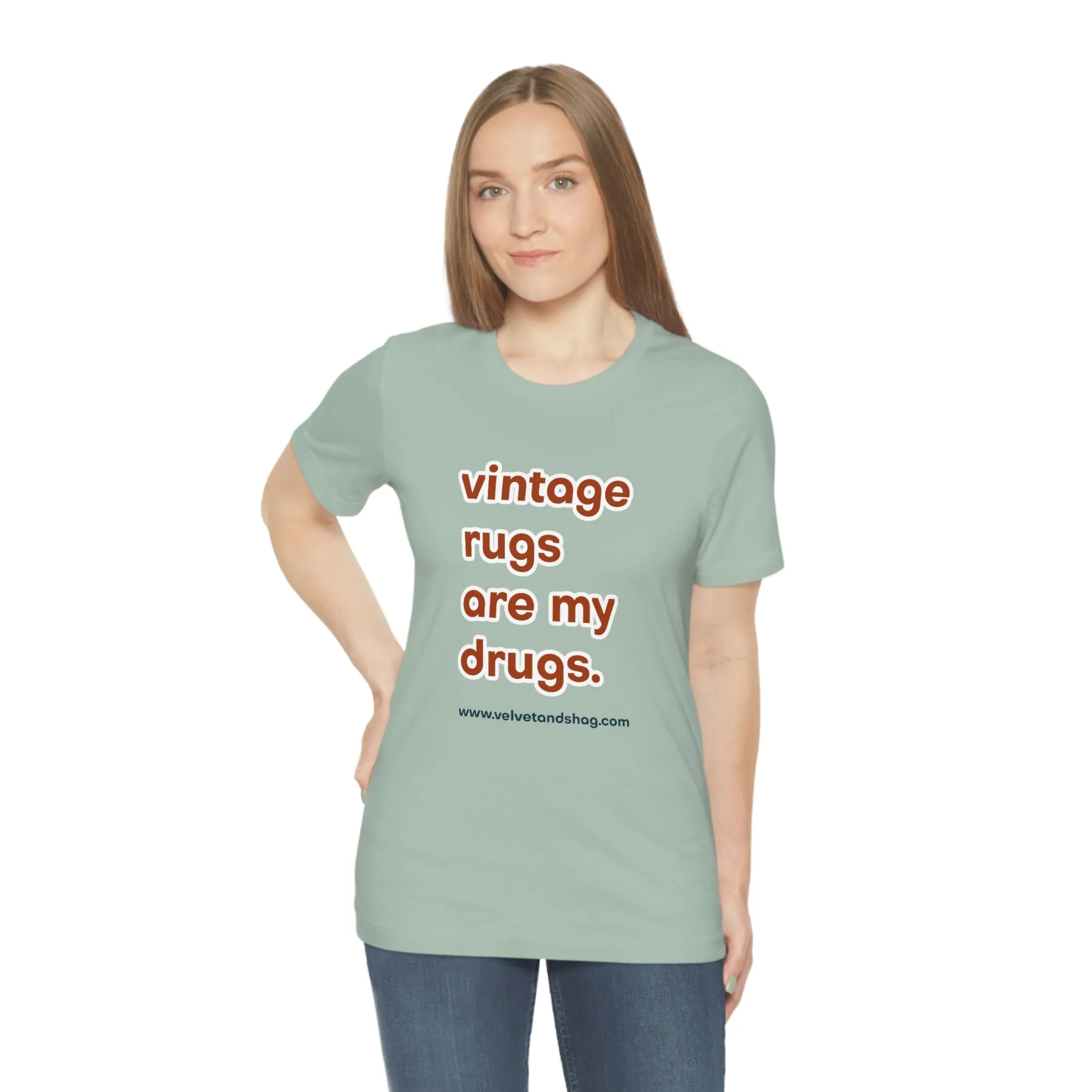 "Vintage Rugs are My Drugs" Unisex Jersey Short Sleeve Tee in Dusty Blue