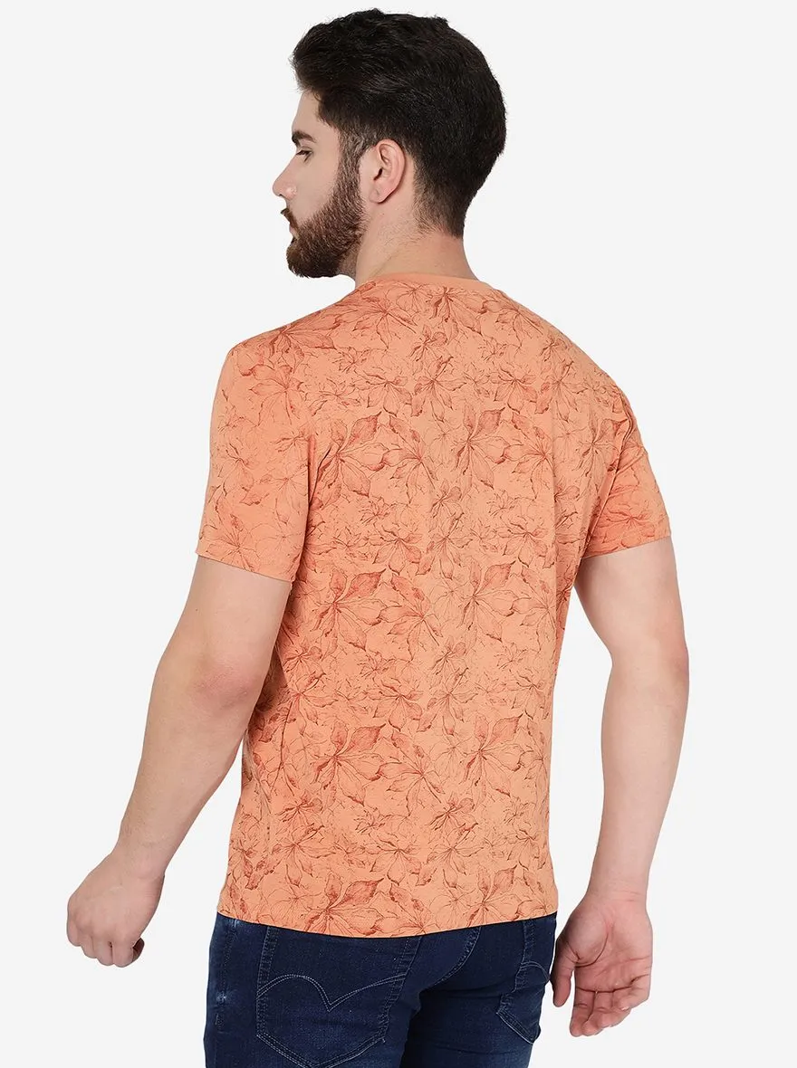 Sand Stone Brown Printed Slim Fit T-Shirt | JadeBlue