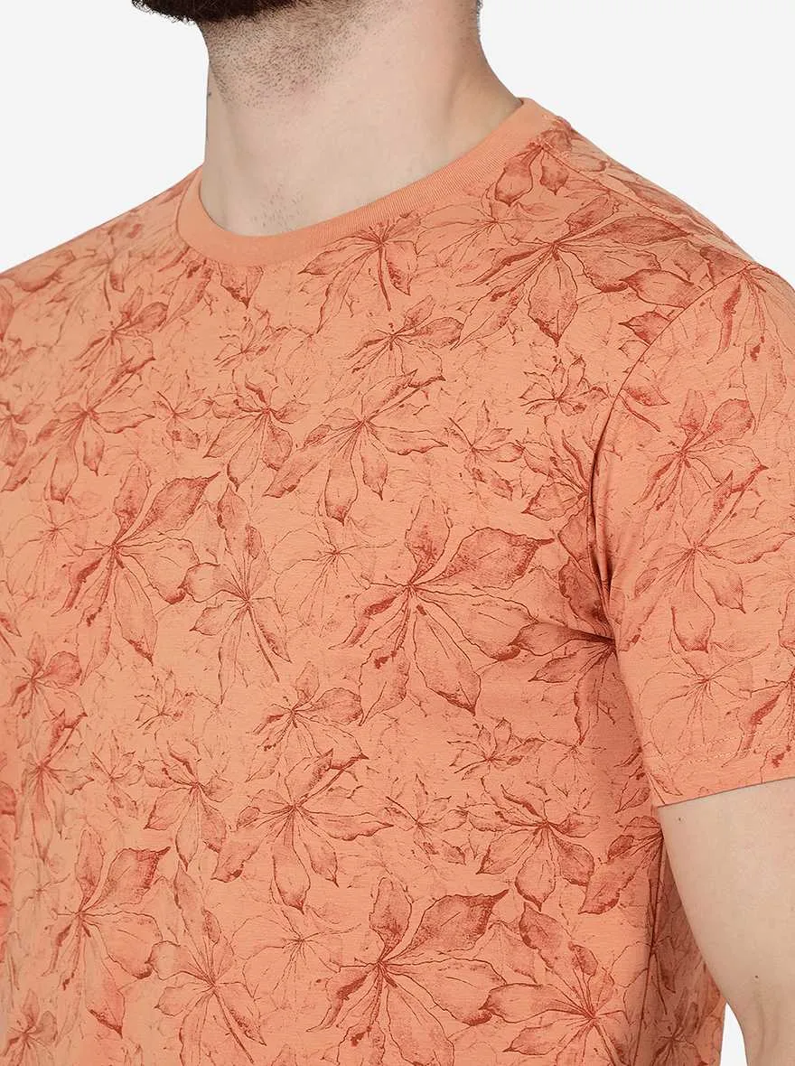 Sand Stone Brown Printed Slim Fit T-Shirt | JadeBlue