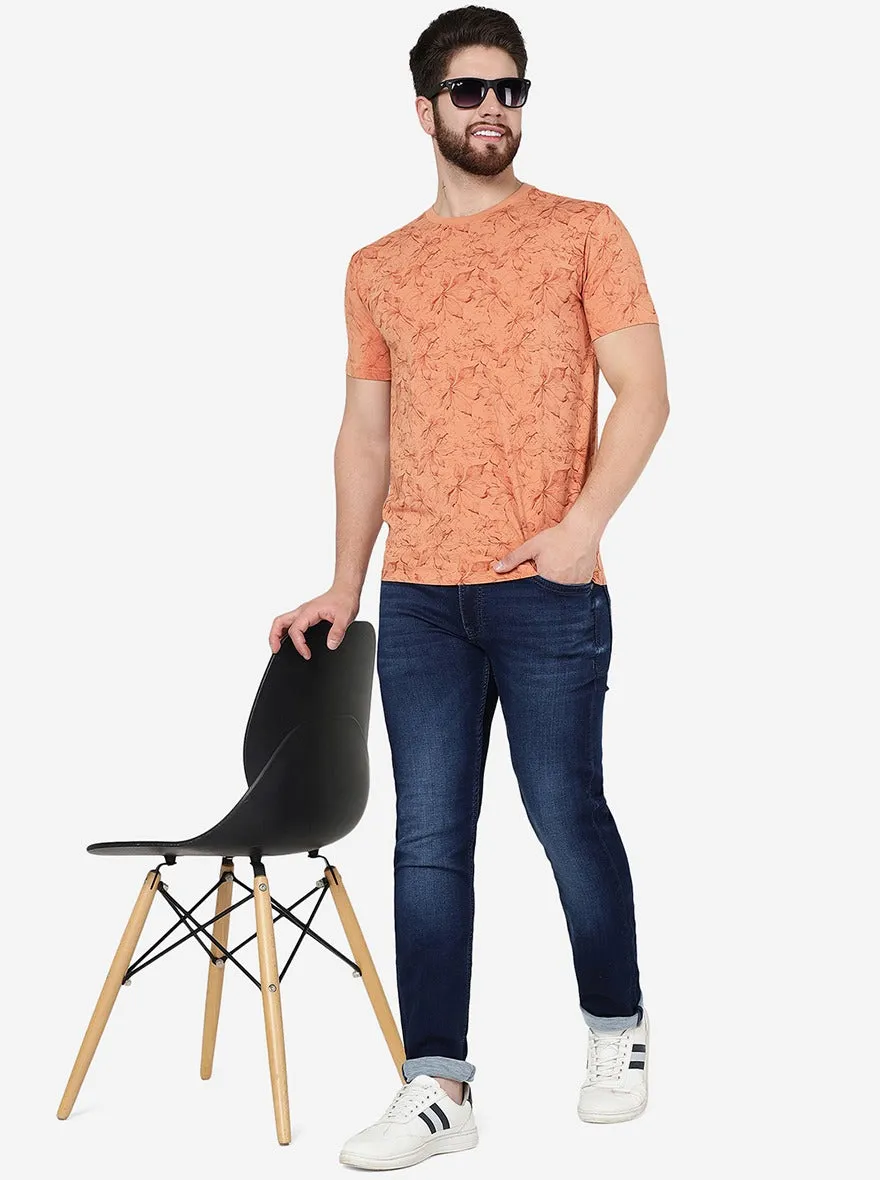 Sand Stone Brown Printed Slim Fit T-Shirt | JadeBlue