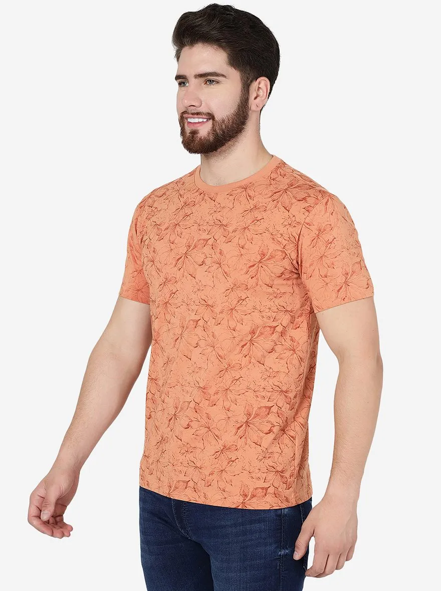 Sand Stone Brown Printed Slim Fit T-Shirt | JadeBlue