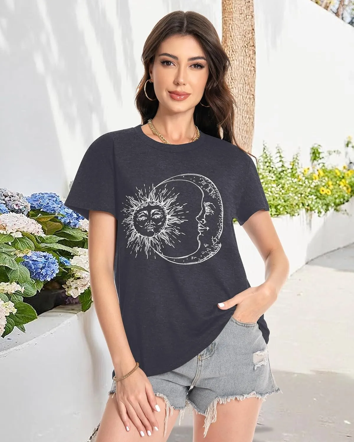 T Shirts for Women Crewneck Short Sleeve Loose Fit Casual Cute Tee Tunic Blouse