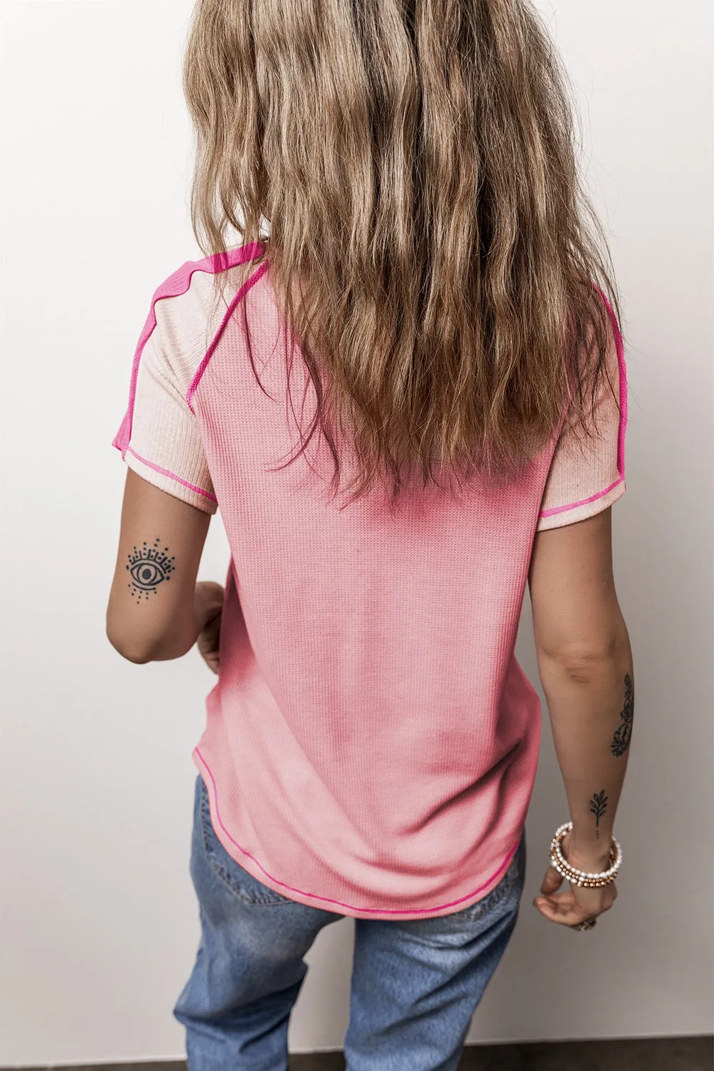 TEEK - Dusty Pink Color Block V-Neck Short Sleeve T-Shirt