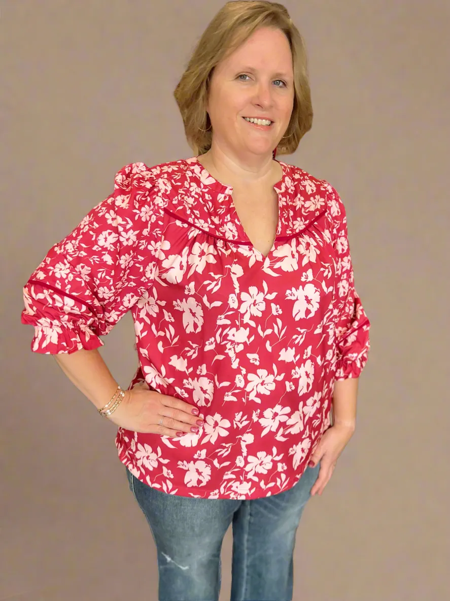 Two Tone Floral Print Top in Curvy
