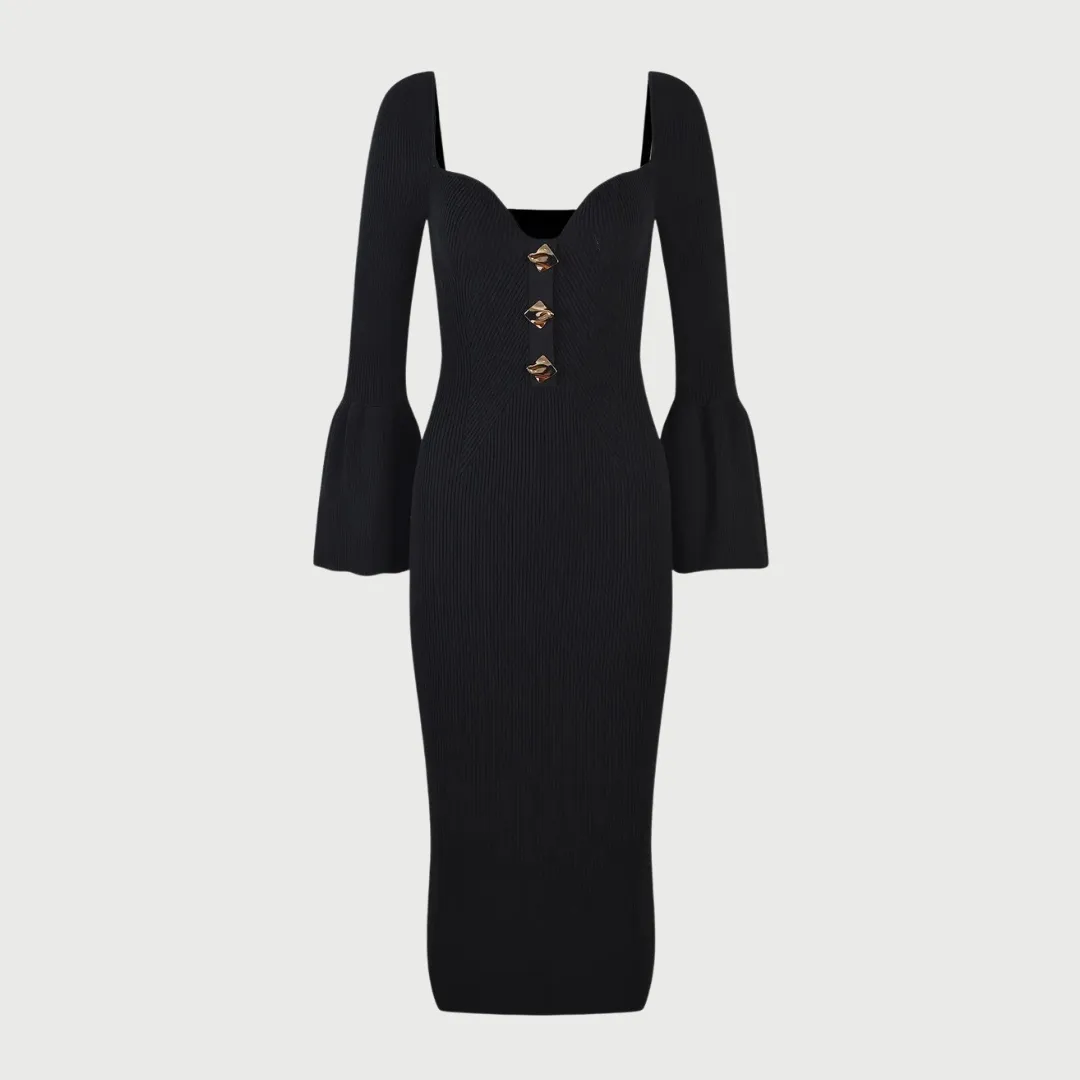 Unique Heart Collar Long Sleeve Button Front Knit Dress