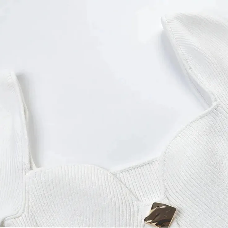 Unique Heart Collar Long Sleeve Button Front Knit Dress