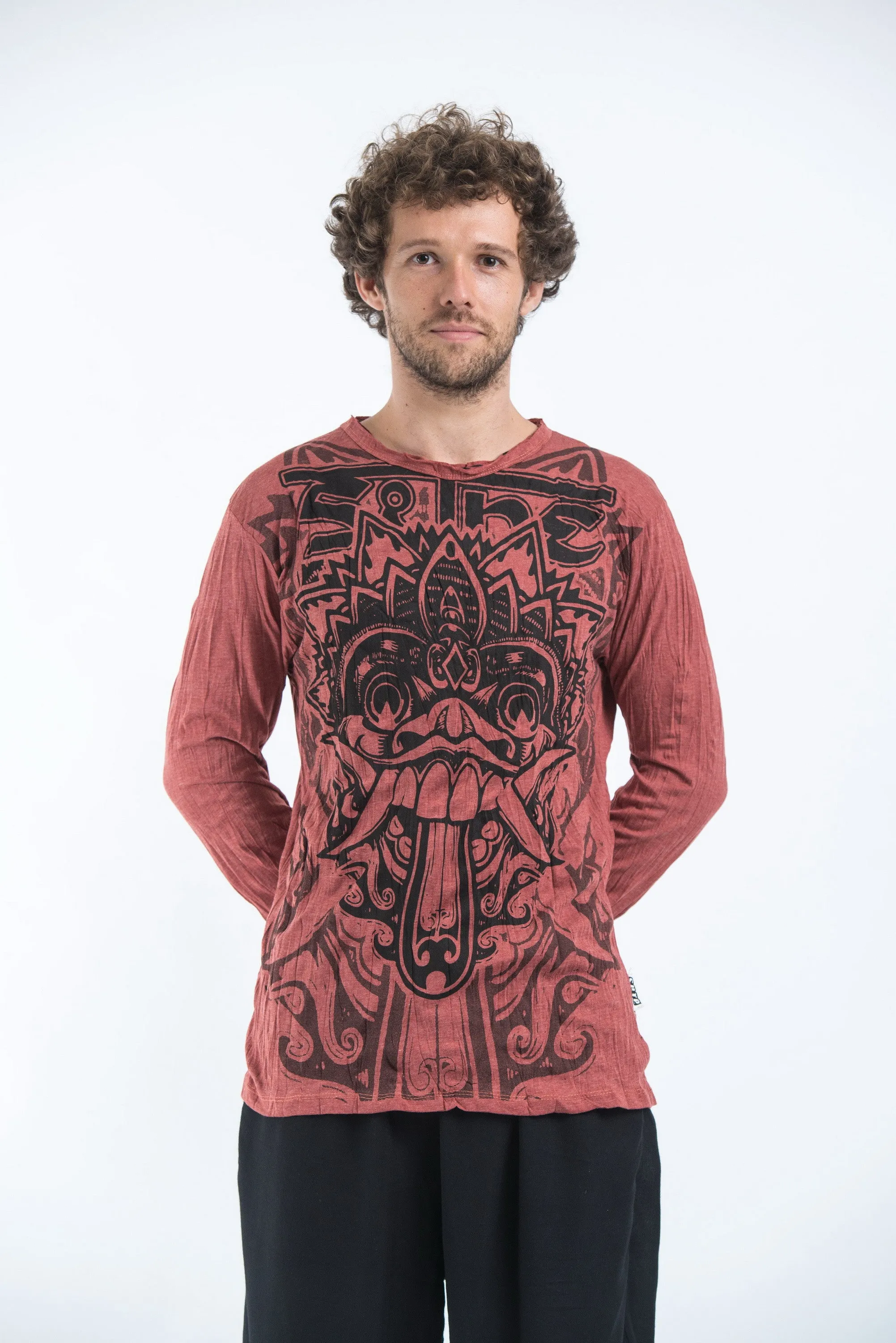 Unisex Bali Mask Long Sleeve T-Shirt in Brick
