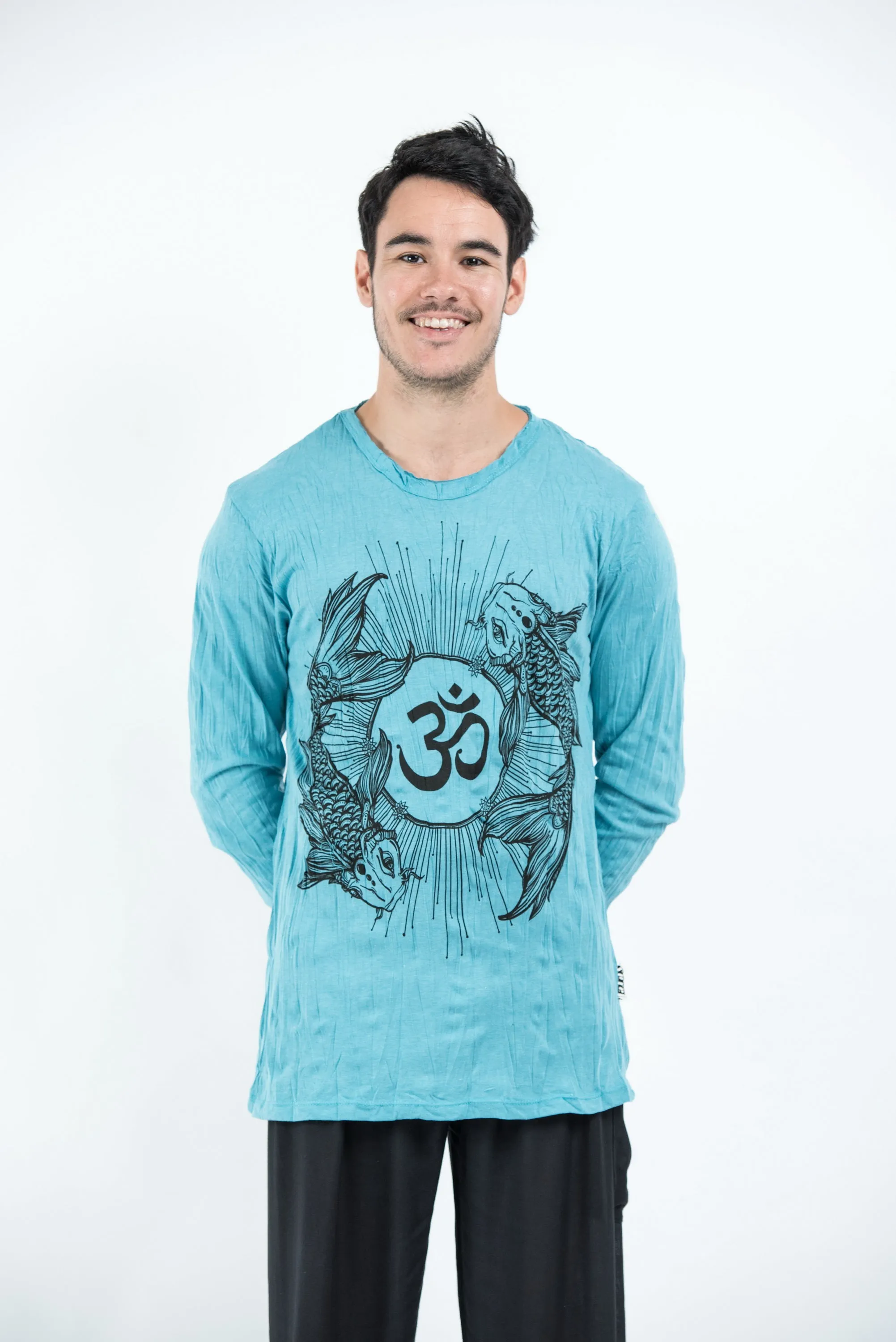 Unisex Om and Koi Fish Long Sleeve T-Shirt in Turquoise