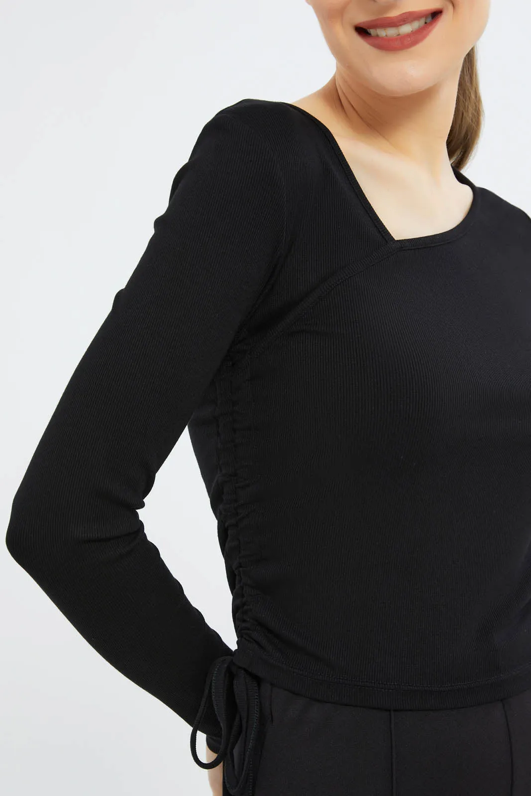 Women Black Ribbed Top