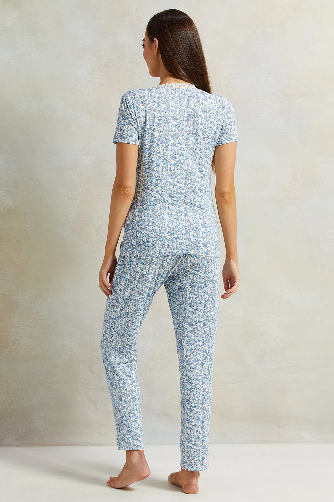 Women Blue Floral Printed Pyjama Set (2 Piece)
