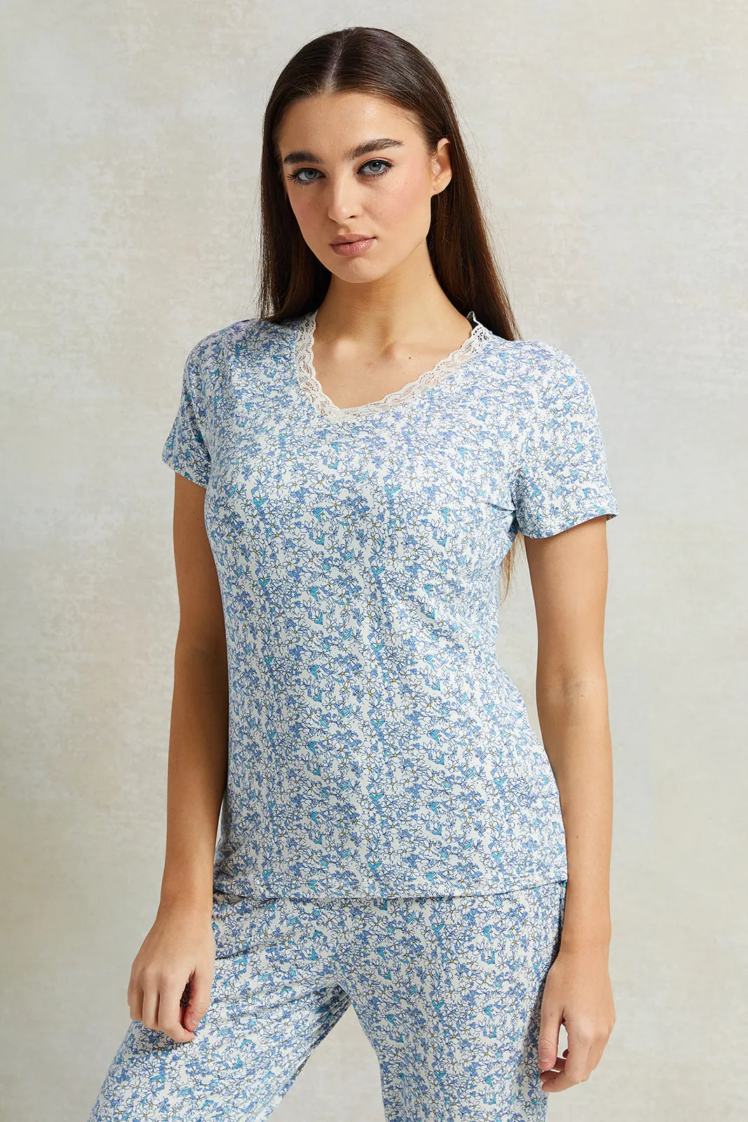 Women Blue Floral Printed Pyjama Set (2 Piece)
