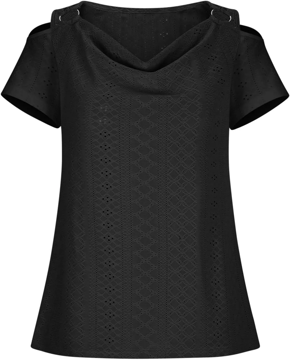 Women Cold Shoulder Eyelet Blouse Short Sleeve Cowl Neck Cut Out Tunic Top Dressy Casual Trendy Open T Shirts