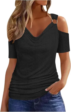 Women Cold Shoulder Eyelet Blouse Short Sleeve Cowl Neck Cut Out Tunic Top Dressy Casual Trendy Open T Shirts