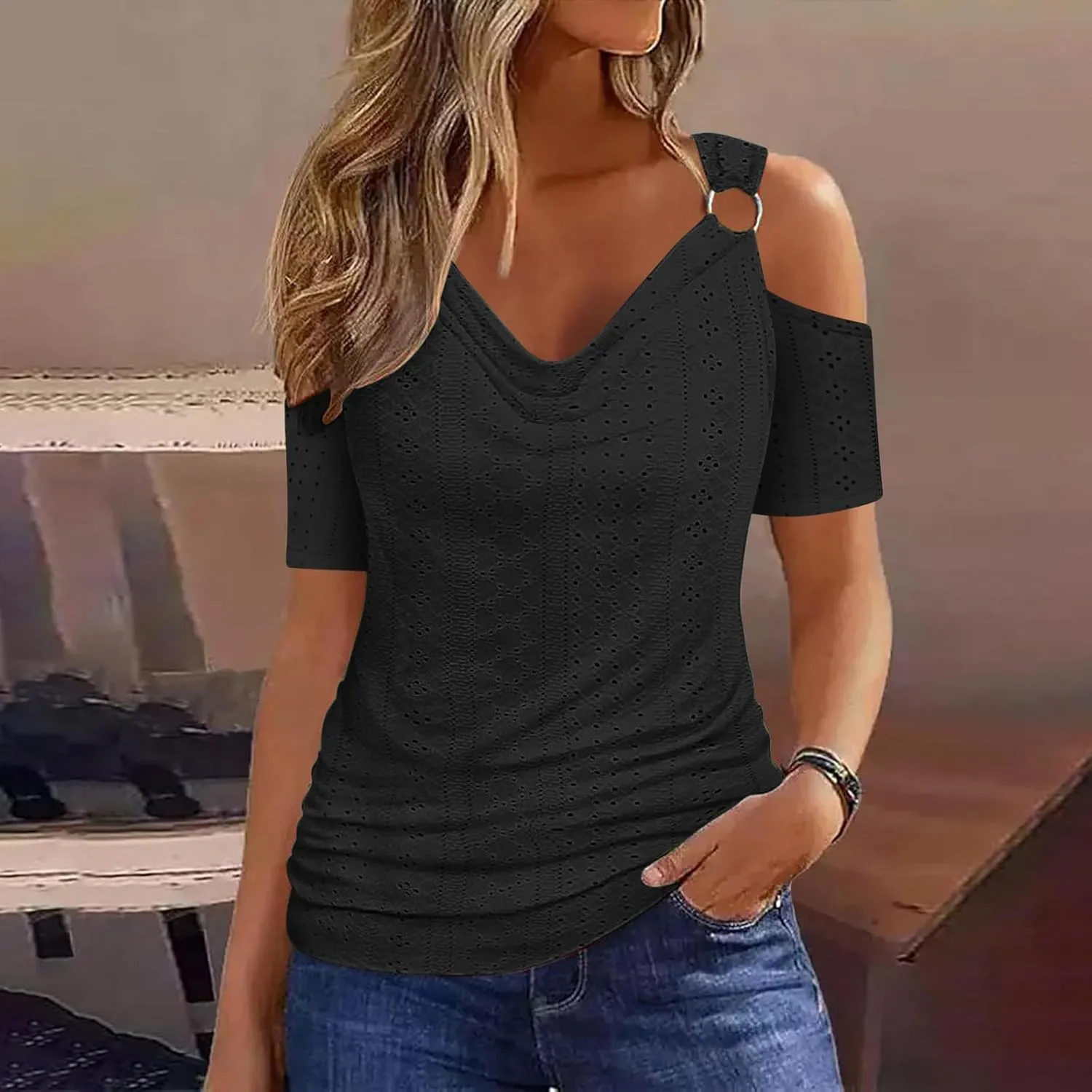 Women Cold Shoulder Eyelet Blouse Short Sleeve Cowl Neck Cut Out Tunic Top Dressy Casual Trendy Open T Shirts