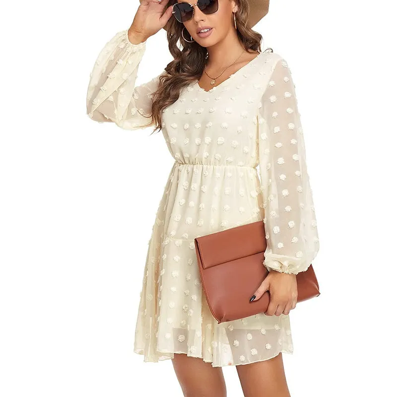 Womens Dot V-Neck Long Sleeve Chiffon Casual Dress