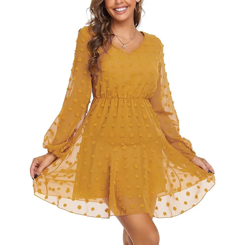 Womens Dot V-Neck Long Sleeve Chiffon Casual Dress