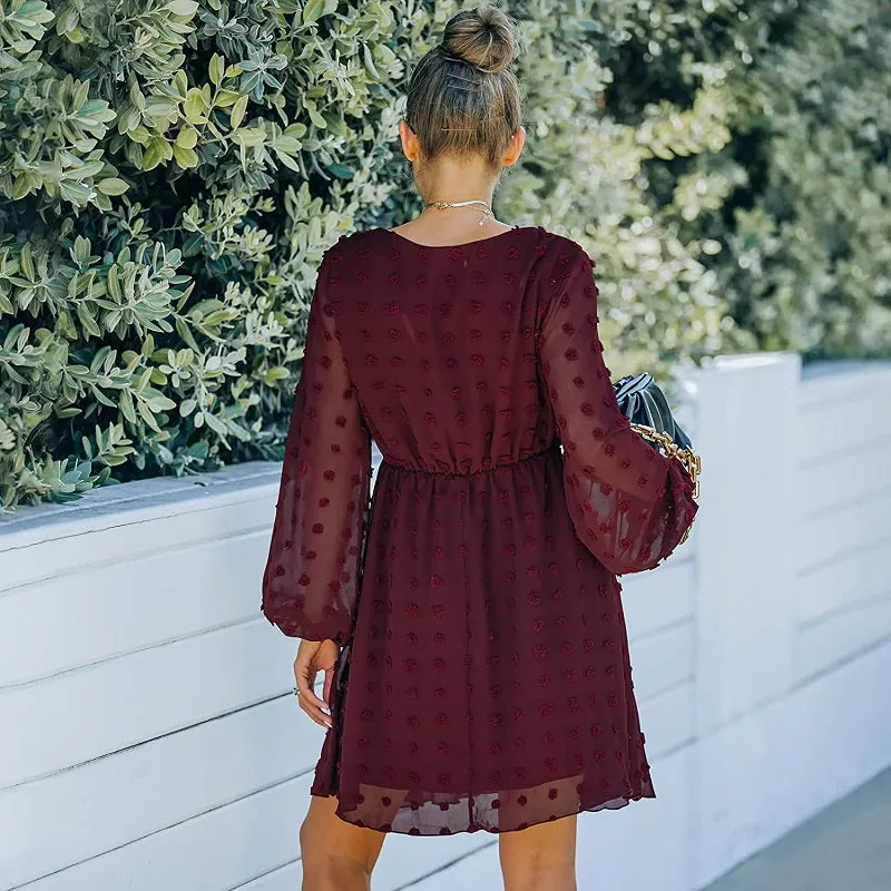 Womens Dot V-Neck Long Sleeve Chiffon Casual Dress