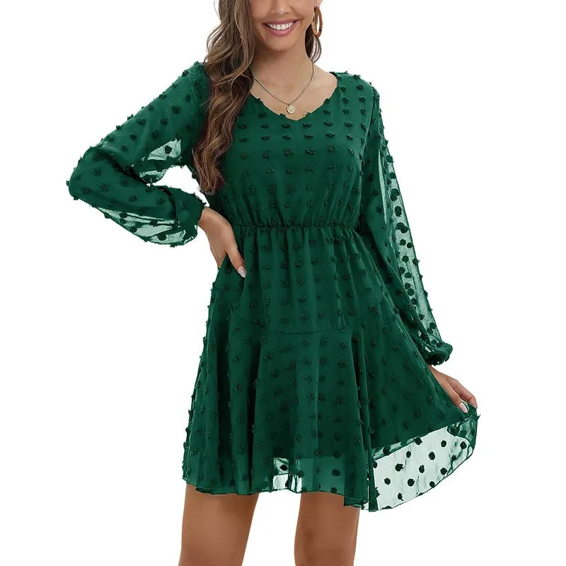 Womens Dot V-Neck Long Sleeve Chiffon Casual Dress