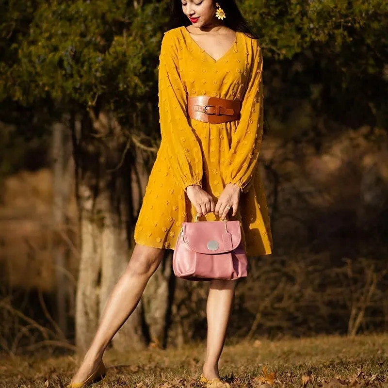 Womens Dot V-Neck Long Sleeve Chiffon Casual Dress