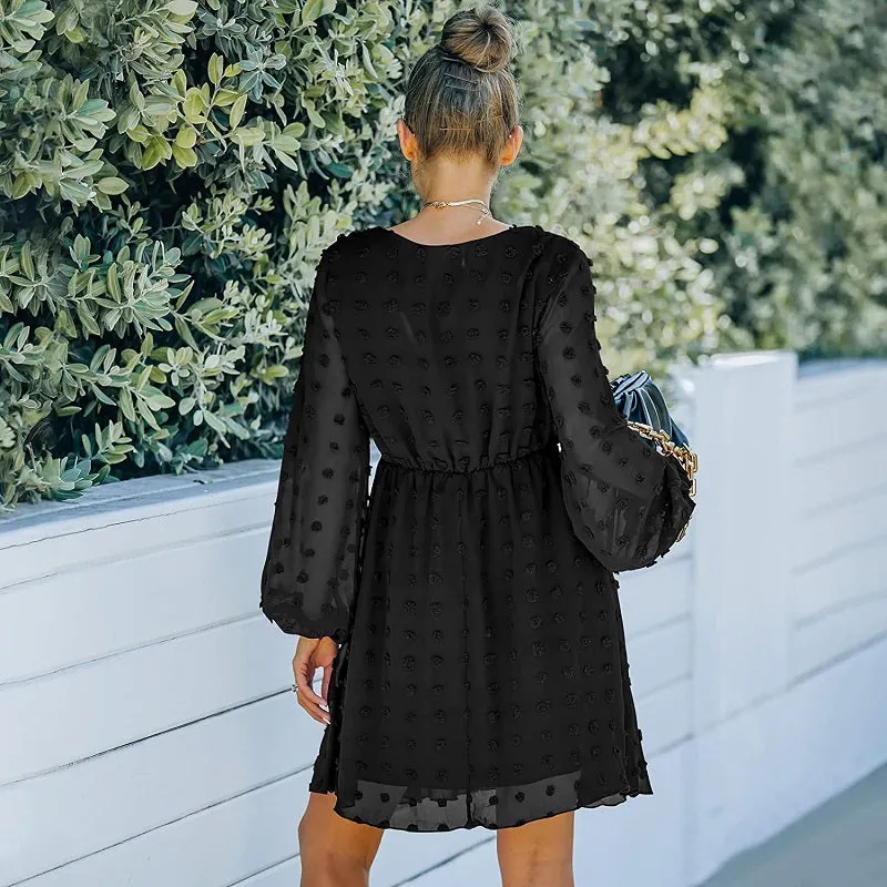 Womens Dot V-Neck Long Sleeve Chiffon Casual Dress