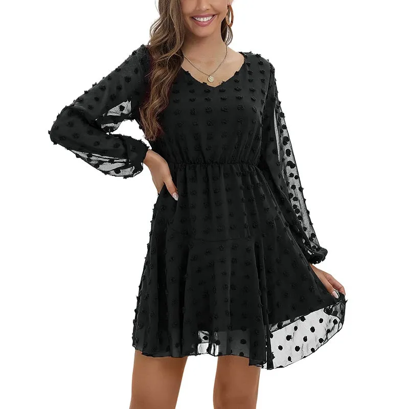 Womens Dot V-Neck Long Sleeve Chiffon Casual Dress